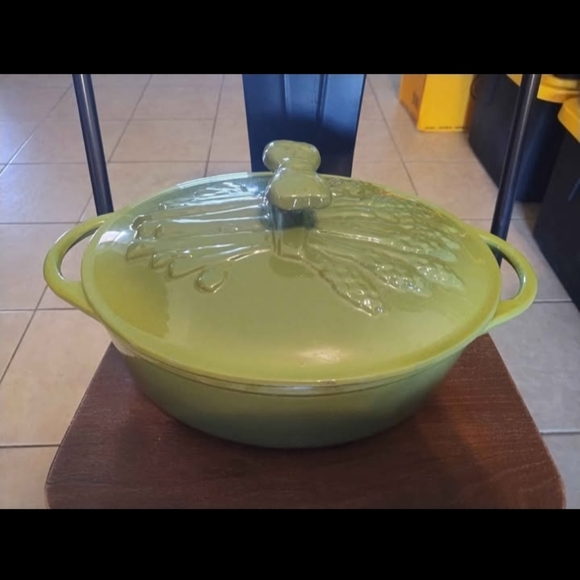TECHNIQUE Large Enameled Cast Iron Oval Dutch Oven Green with Asparagus Design - Picture 1 of 6